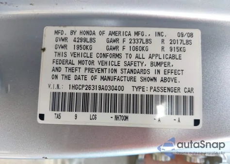 2009 Honda Accord 2.4 Lx из США, поврежденный, VIN 1HGCP26319A030400